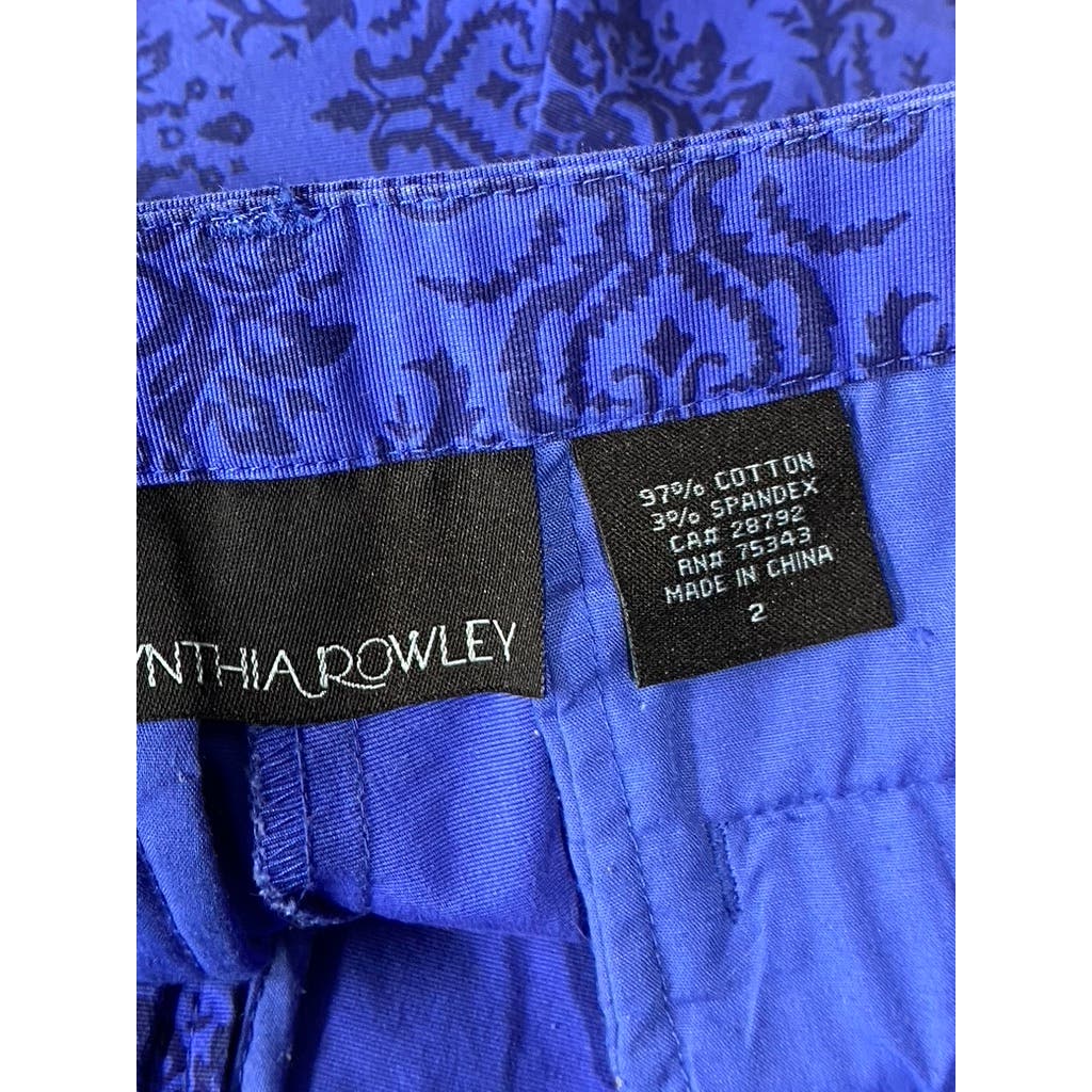 CYNTHIA ROWLEY Women's Royal Blue/Black Damask Print Chino Shorts SZ 2