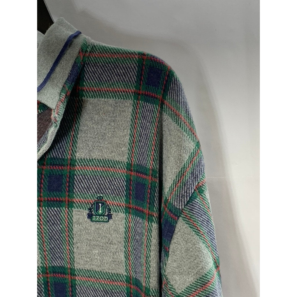 IZOD Men's Gray Check Regular-Fit Cotton Casual Long Sleeve Polo Shirt SZ L