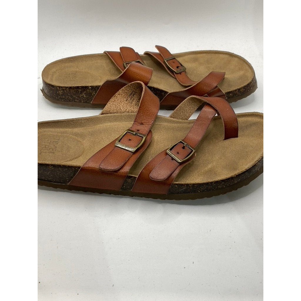 TIME & TRU Women's Brown Leather Toe-Strap Slip-On Flat Sandals SZ 6