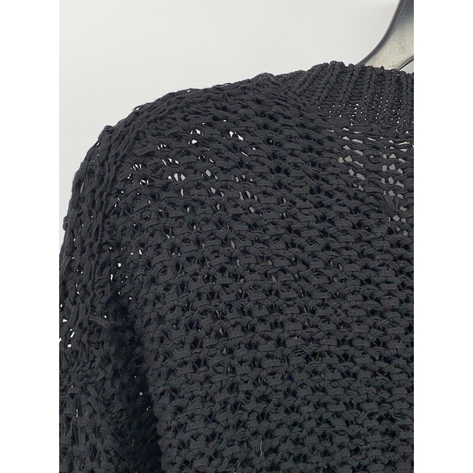 J.CREW Women's Black Open Knit Crewneck Button-Up Cropped Cardigan SZ M