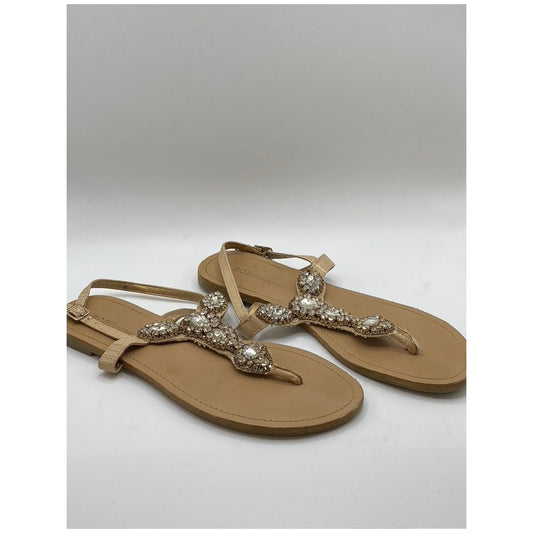 BCBGENERATION Women's Tan Rhinestone Embellished T-Strap Sandals SZ 7