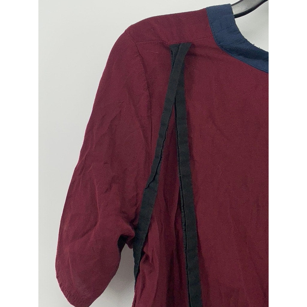 LOUP Women's Burgundy-Black Colorblock Short Sleeve Crewneck Midi Dress SZ M