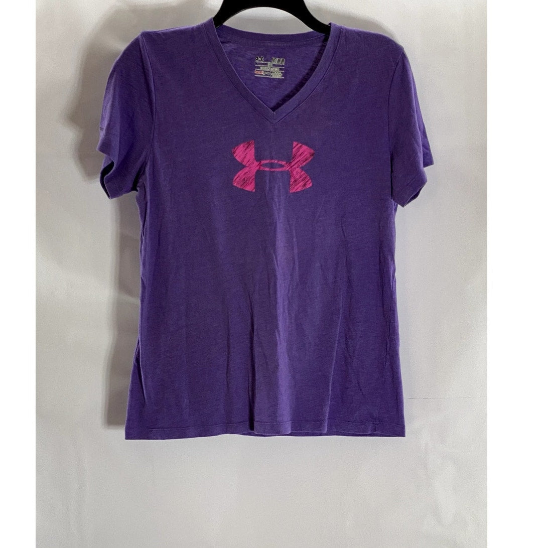 UNDER ARMOUR Women's Purple/Pink Loose HeatGear V-Neck Short Sleeve Top SZ M