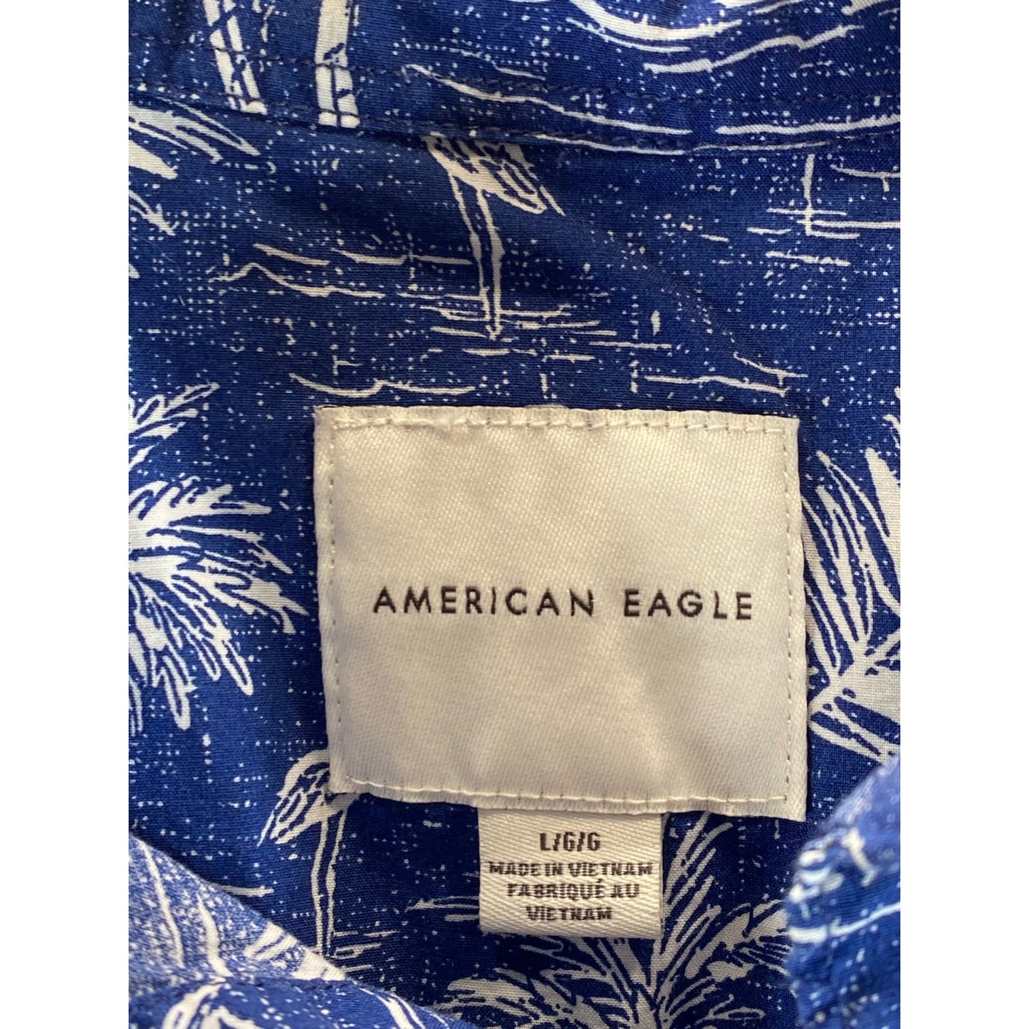 AMERICAN EAGLE Men's Blue Palm Tree Graphic Regular-Fit Button-Up Shirt SZ L