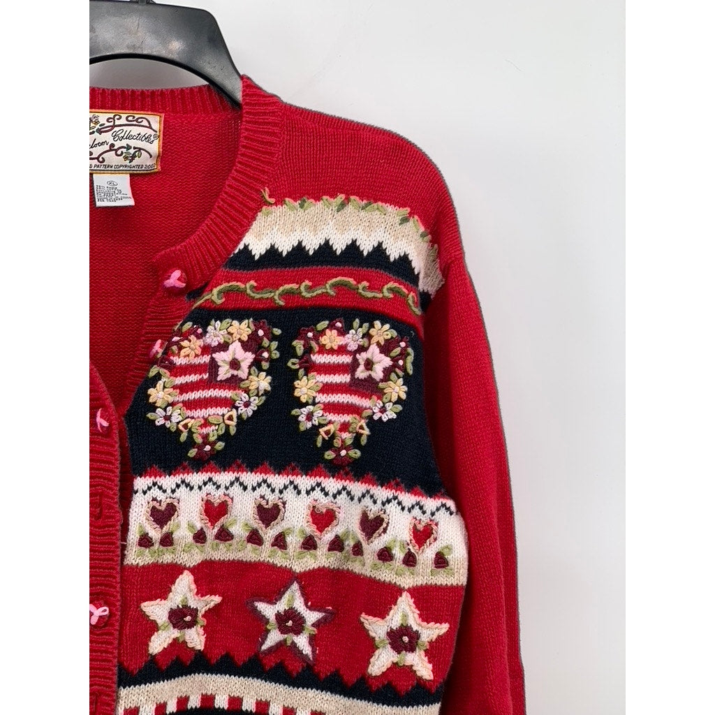 HEIRLOOM Women's Vintage Red Knit Hearts/Stars/American Flag Cardigan SZ XL