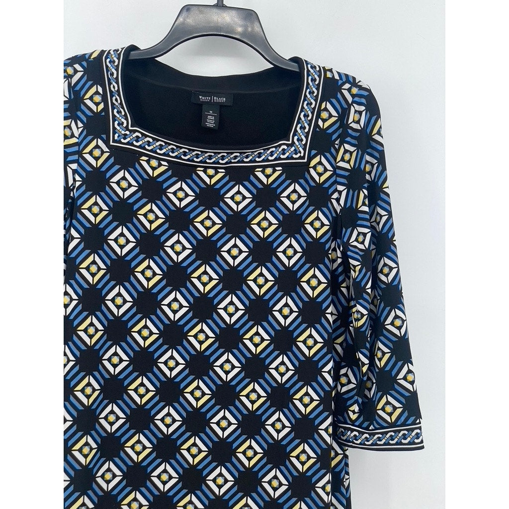 WHITE HOUSE BLACK MARKET Women's Black Geo Print 3/4 Sleeve Dress SZ M