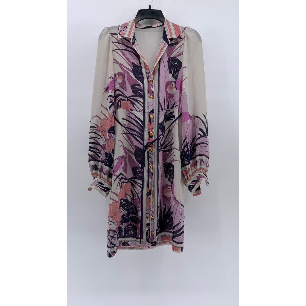 LINGUA FRANCA Women's Purple-White Floral Button-Up Belted Shirt Dress SZ M