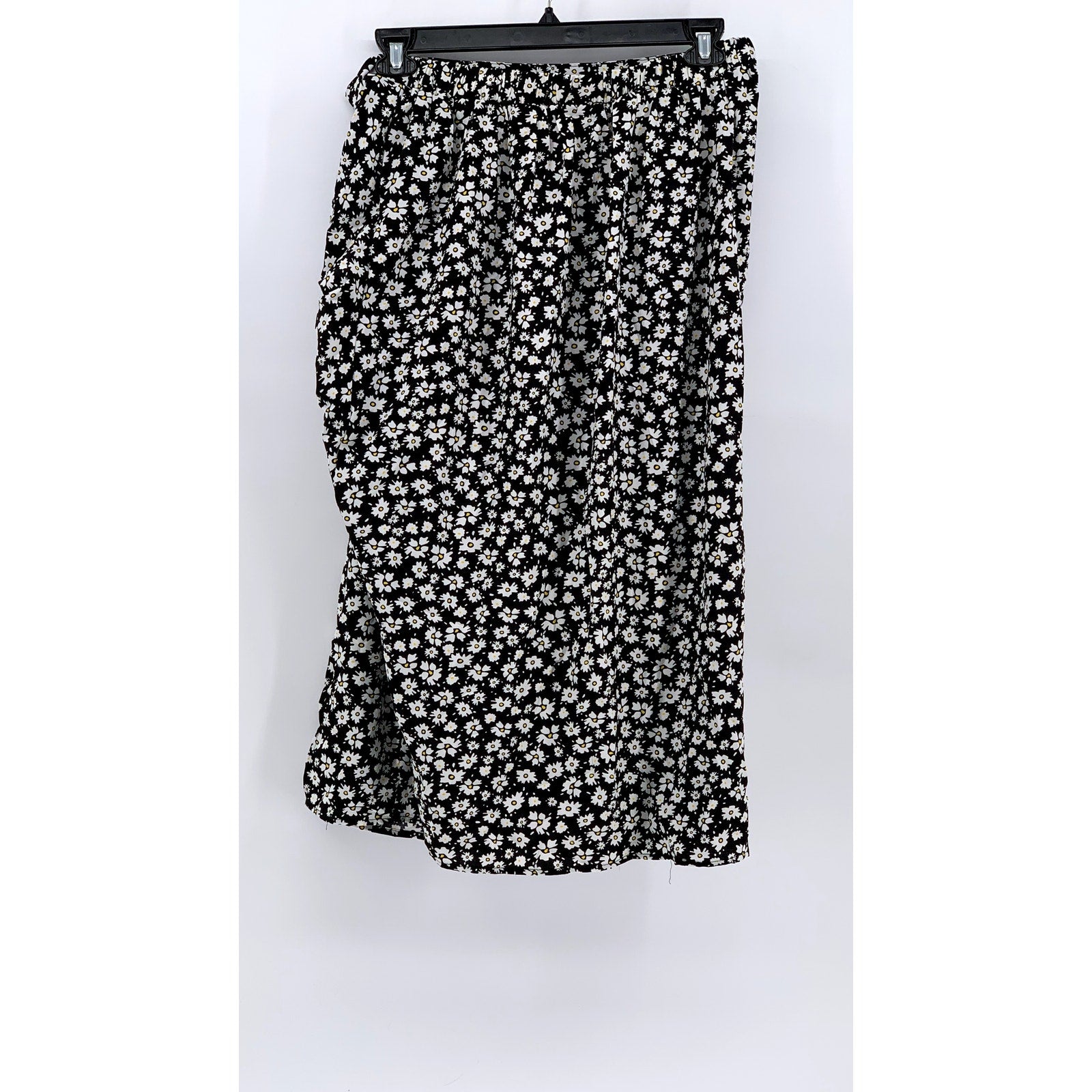 CURVZY Women's Black Ditsy Floral Side-Ruched Midi Skirt SZ 14