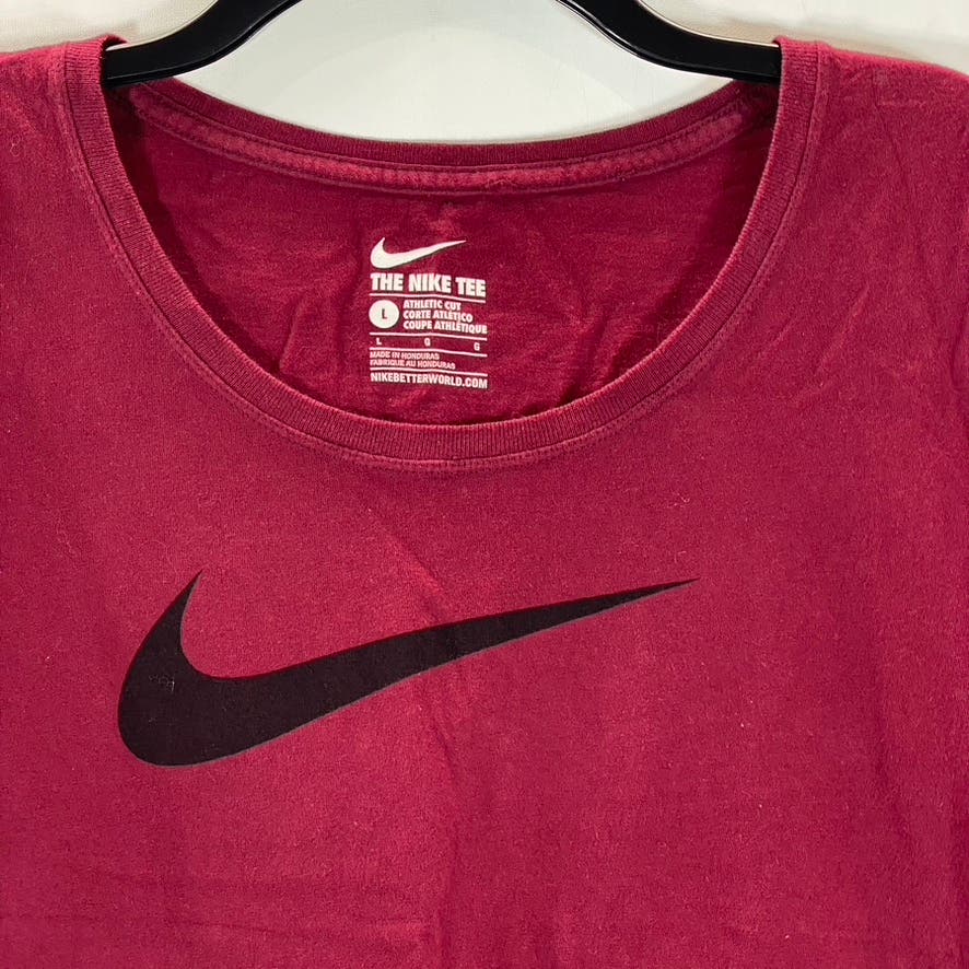 NIKE Women’s Burgundy Scoop-Neck Swoosh Logo Athletic Cut Short Sleeve Top SZ L