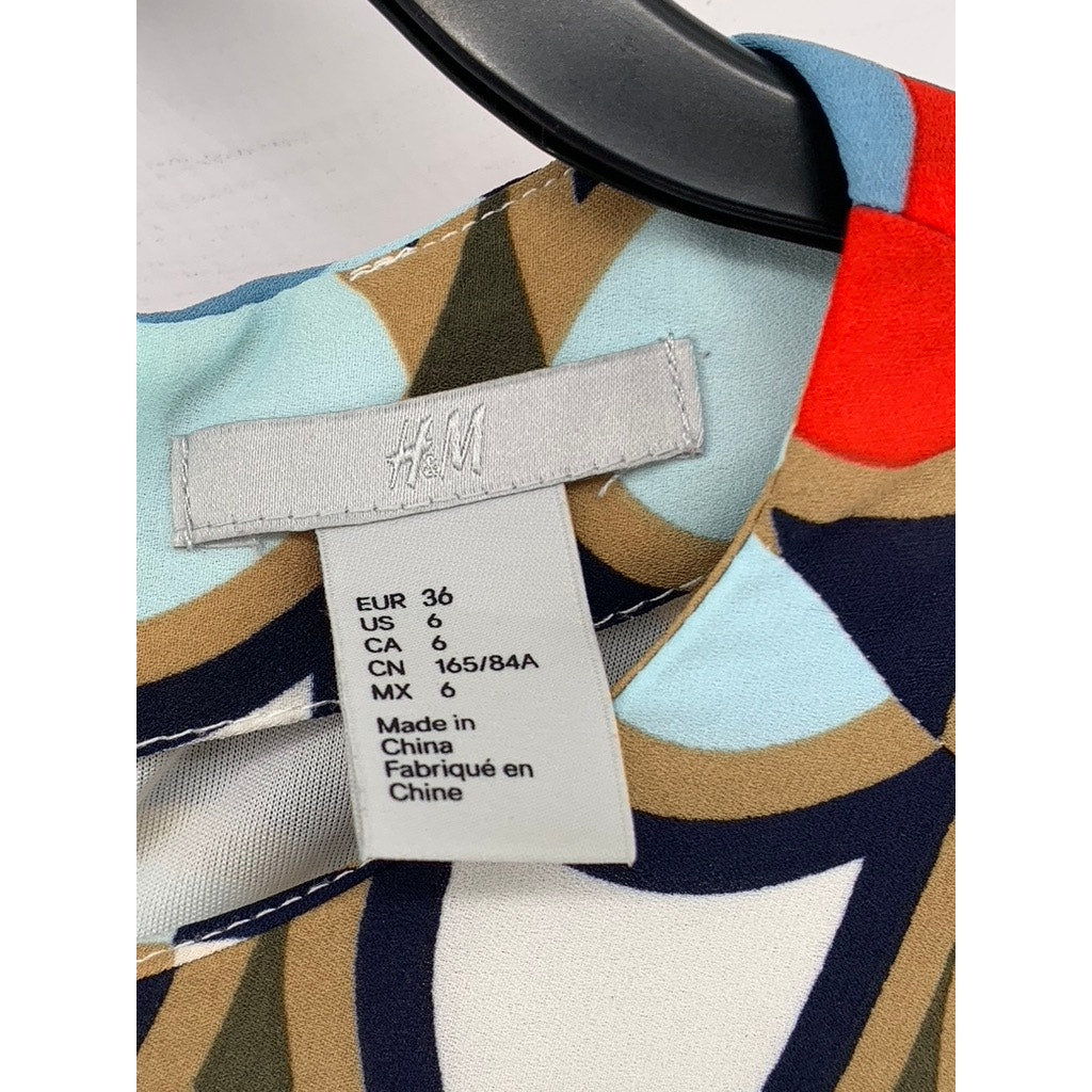 H&M Women's Multicolor Geometric Long Sleeve Fit & Flare Knee-Length Dress SZ 6