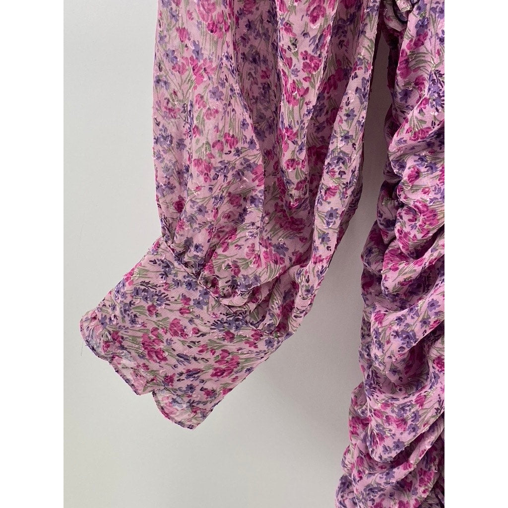 ZARA Women's Lilac Floral Print Ruched Ruffle Balloon-Sleeve Mini Dress SZ S