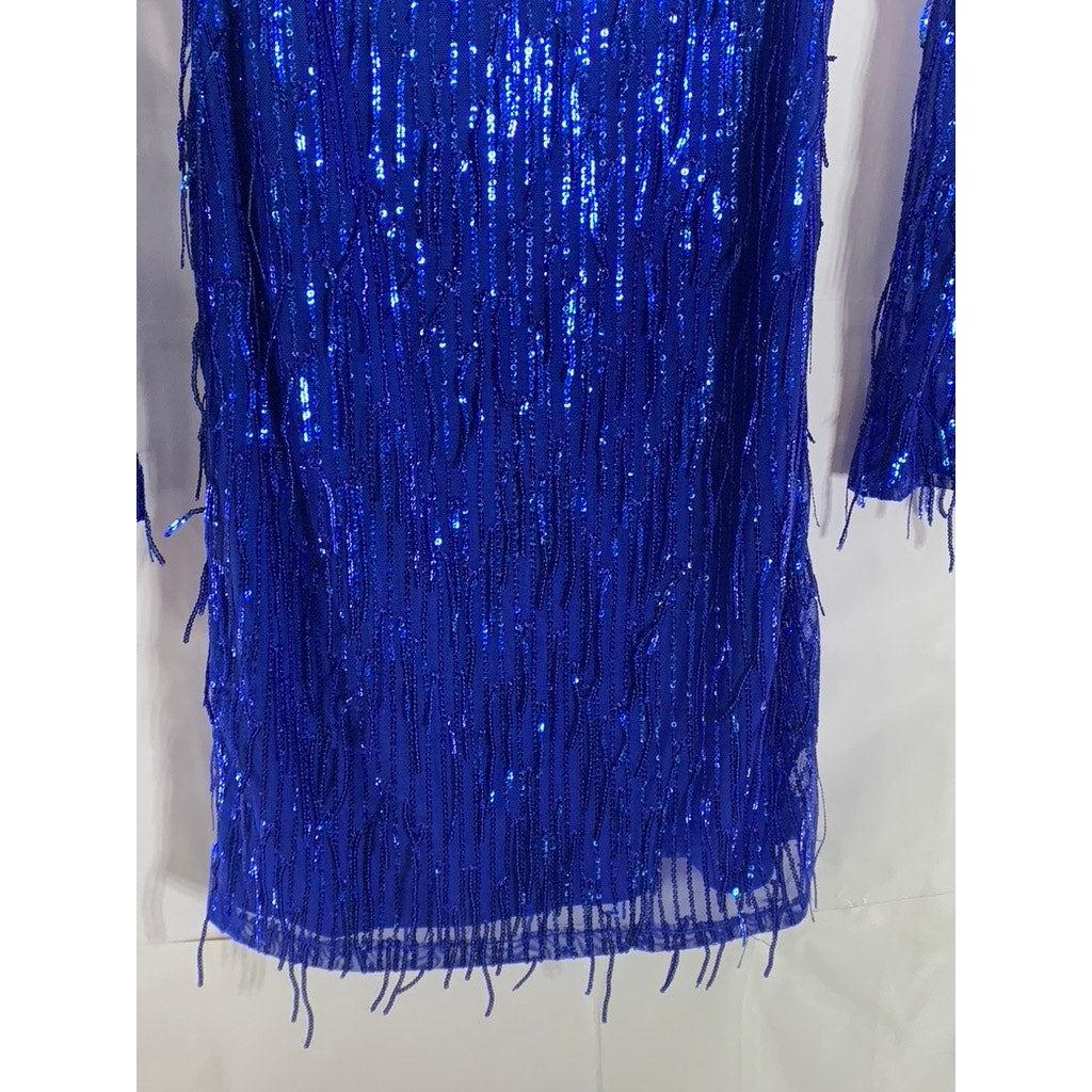 CITY TRIANGLES Juniors Blue Mesh Sequin Embellished Straight-Neck Mini Dress SZ7