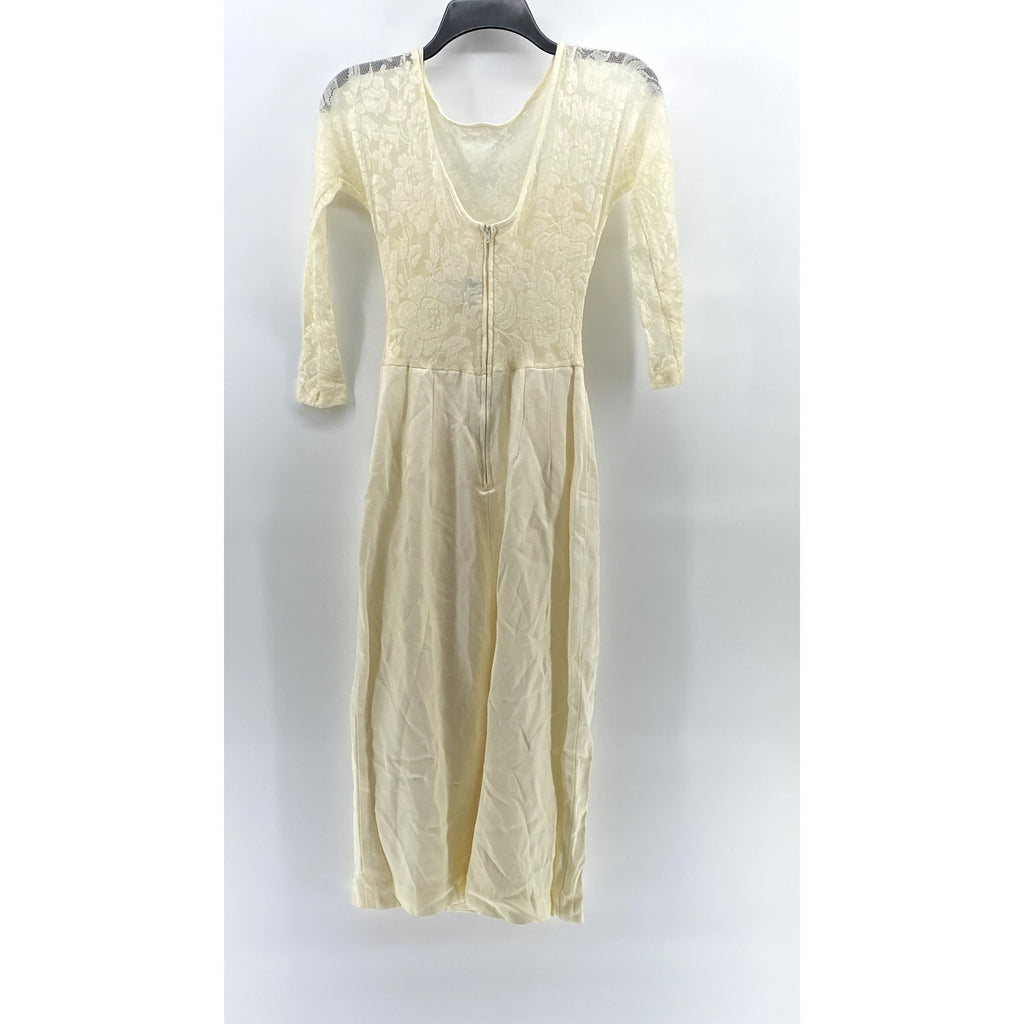 EXPO Women's Petite Ivory Crewneck Lace Long Sleeve Pleated Midi Dress SZ 6