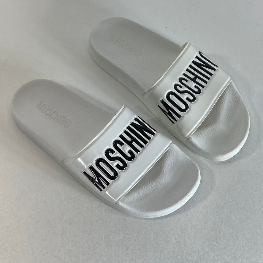 MOSCHINO Women's White/Black Oversized Logo Slip-On Pool Slide Sandals SZ 8