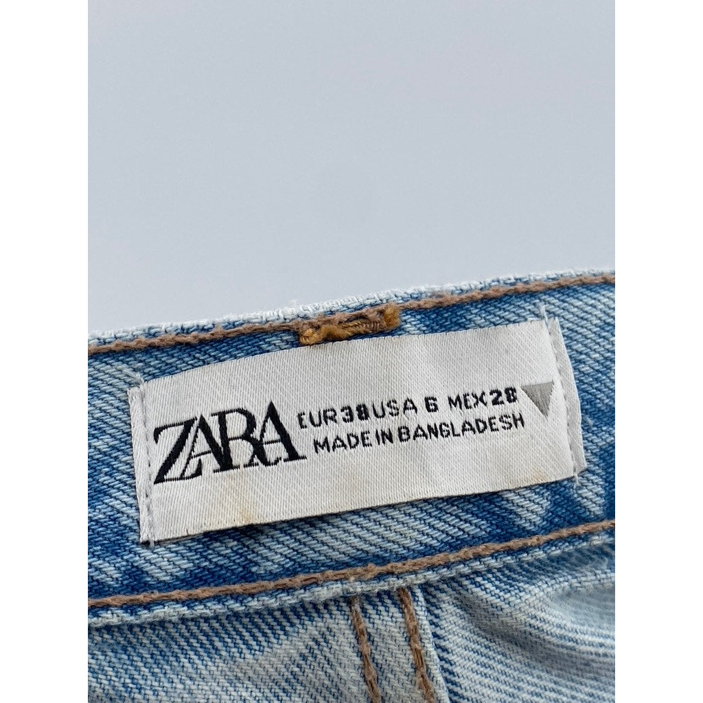 ZARA Women's Light Blue Denim Distressed Wide-Leg High-Rise Jeans SZ 6