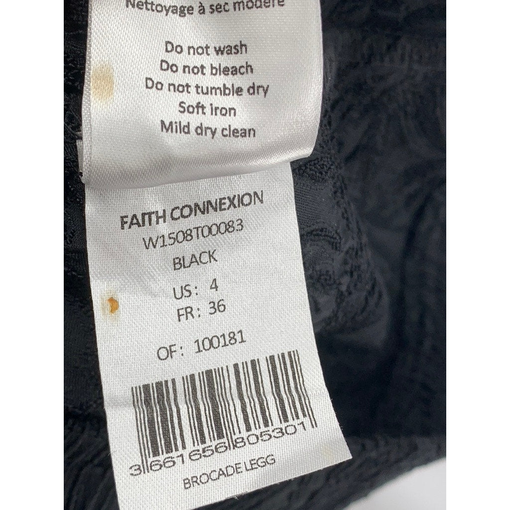 FAITH CONNEXION Women’s Black Textured Brocade Zipper-Hem High-Rise Pant SZ 4