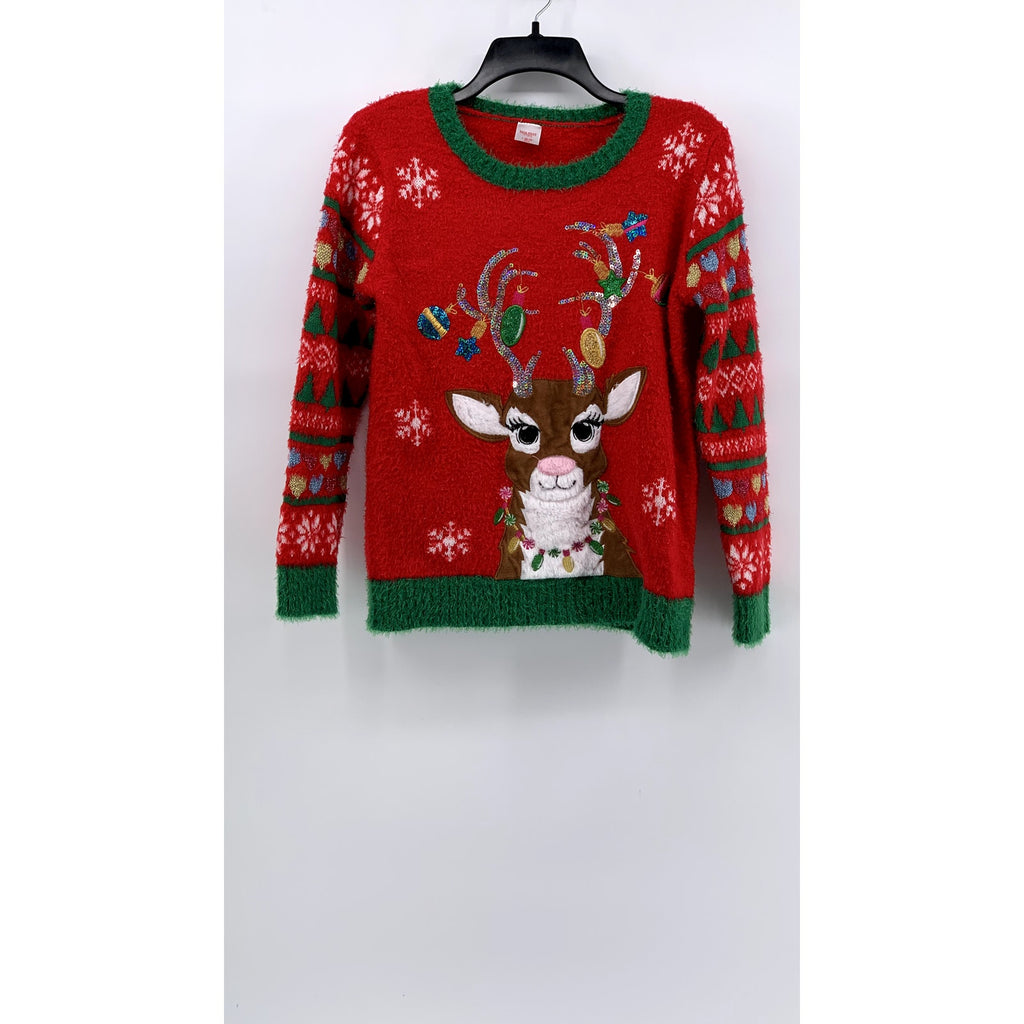 HOLIDAY TIME Girls' Plus Red-Green Faux-Fur Reindeer Knit Sweater SZ L(10/12)