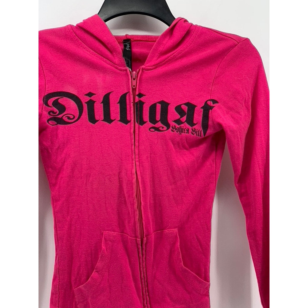 DILLIGAF By BOHICA HILL Women's Fuchsia Logo Zip-Up Hoodie SZ S
