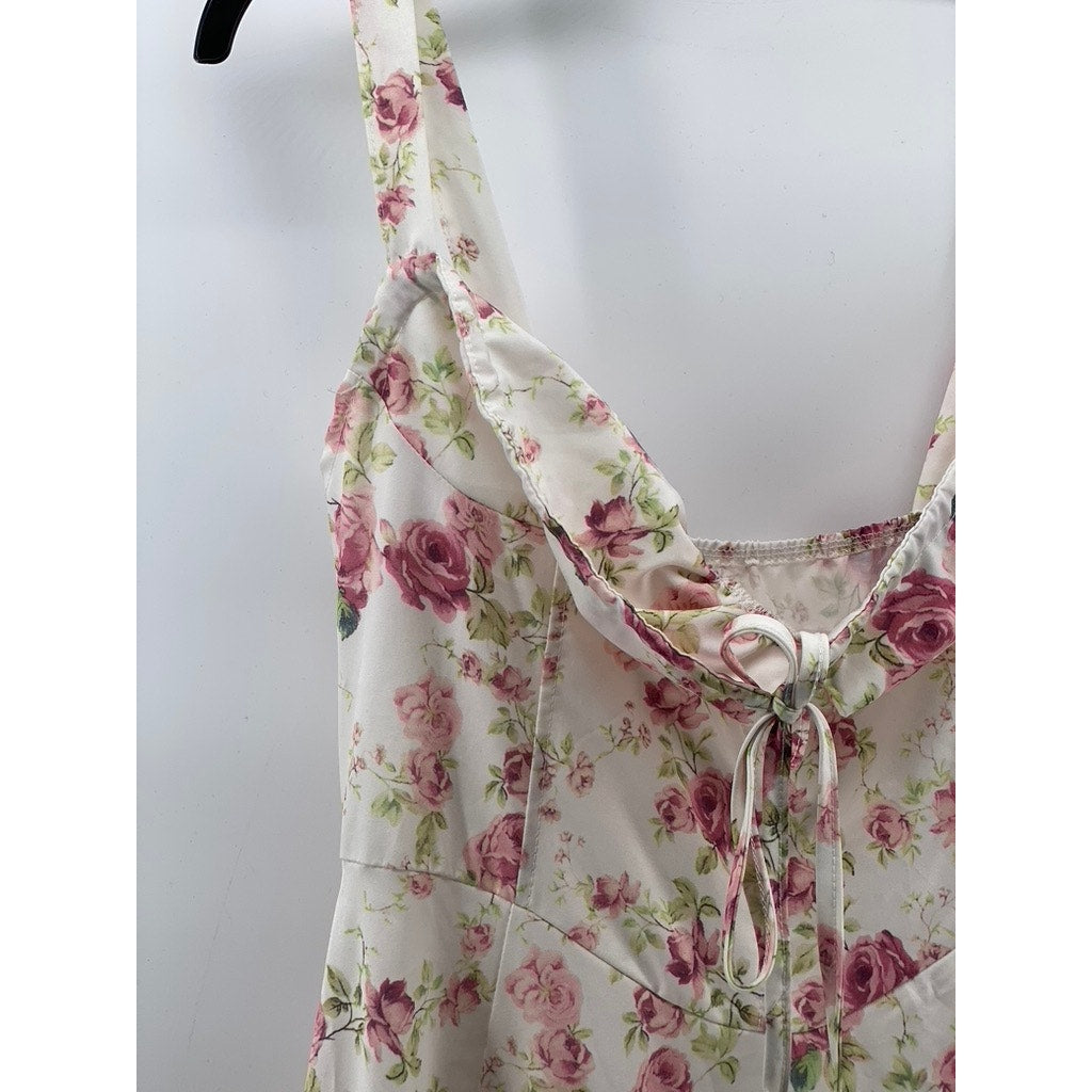 UNBRANDED Women's White-Pink Floral Sweetheart-Neck Side Slit Maxi Dress SZ M