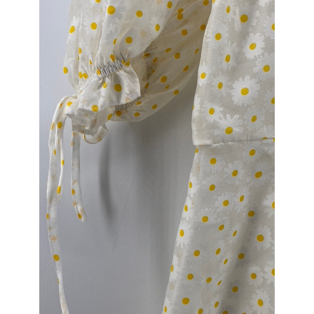FOREVER 21 Women's White-Yellow Daisy Print Short Puff Sleeve Mini Dress SZ S