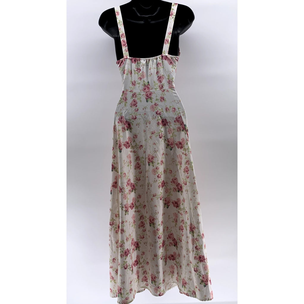 UNBRANDED Women's White-Pink Floral Sweetheart-Neck Side Slit Maxi Dress SZ M