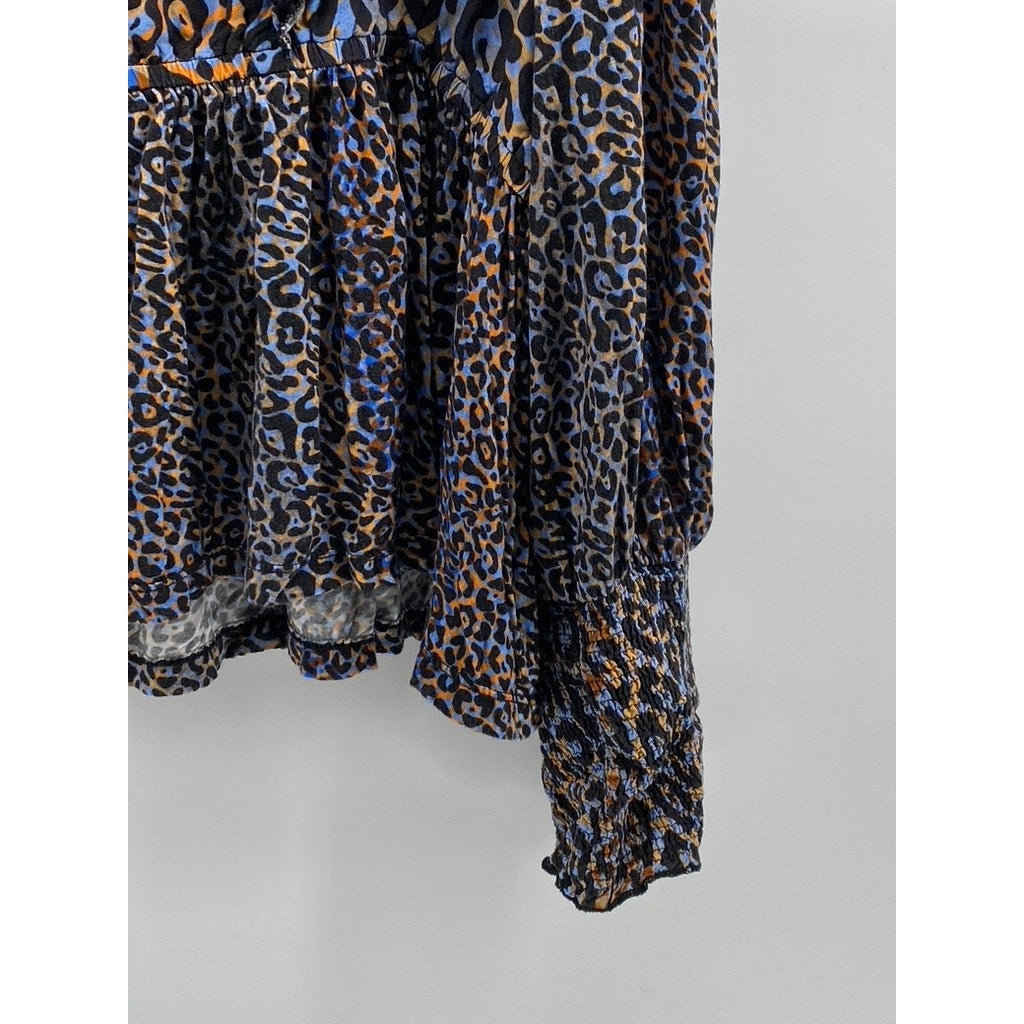 BLANK LONDON Women's Black-Blue-Orange Leopard Print Ruffle Long Sleeve Top SZ L