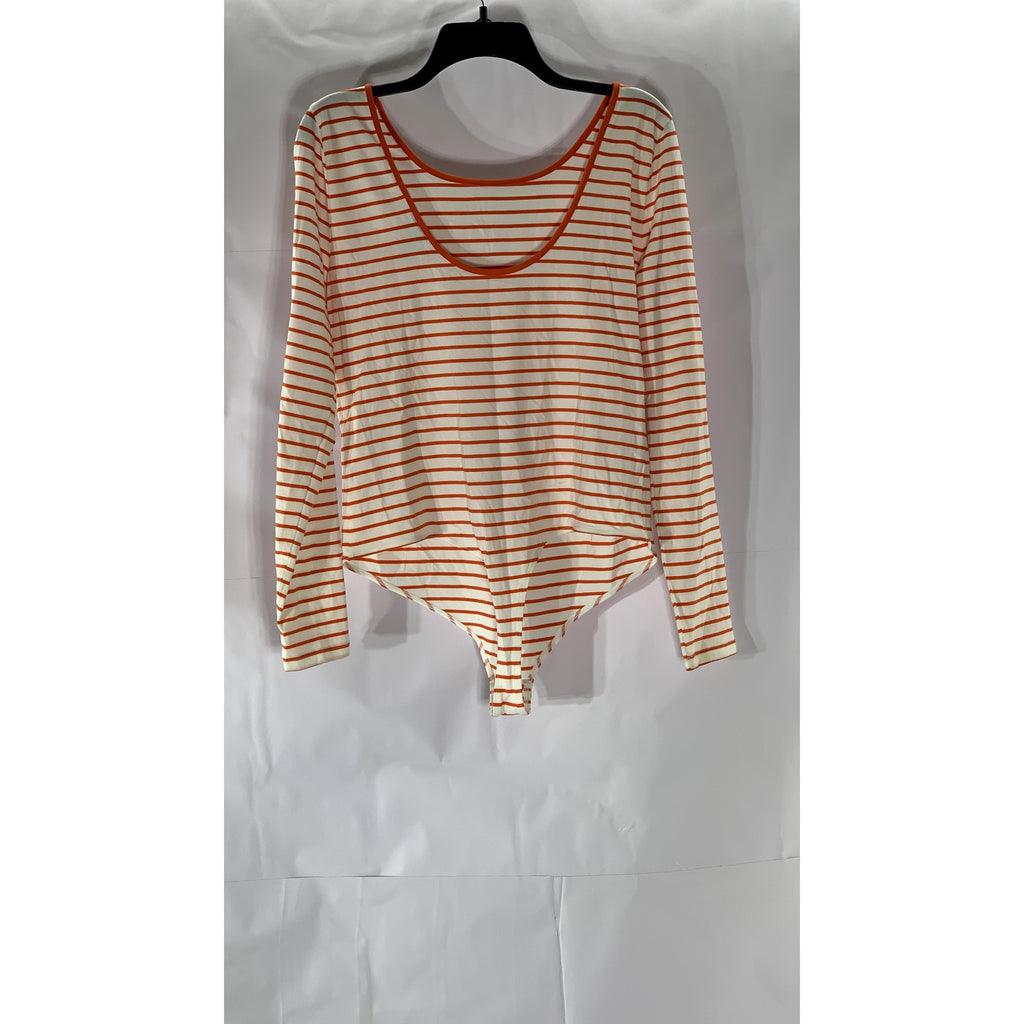 ON 34TH Women's Orange-White Striped Scoop-Neck Long Sleeve Bodysuit SZ L