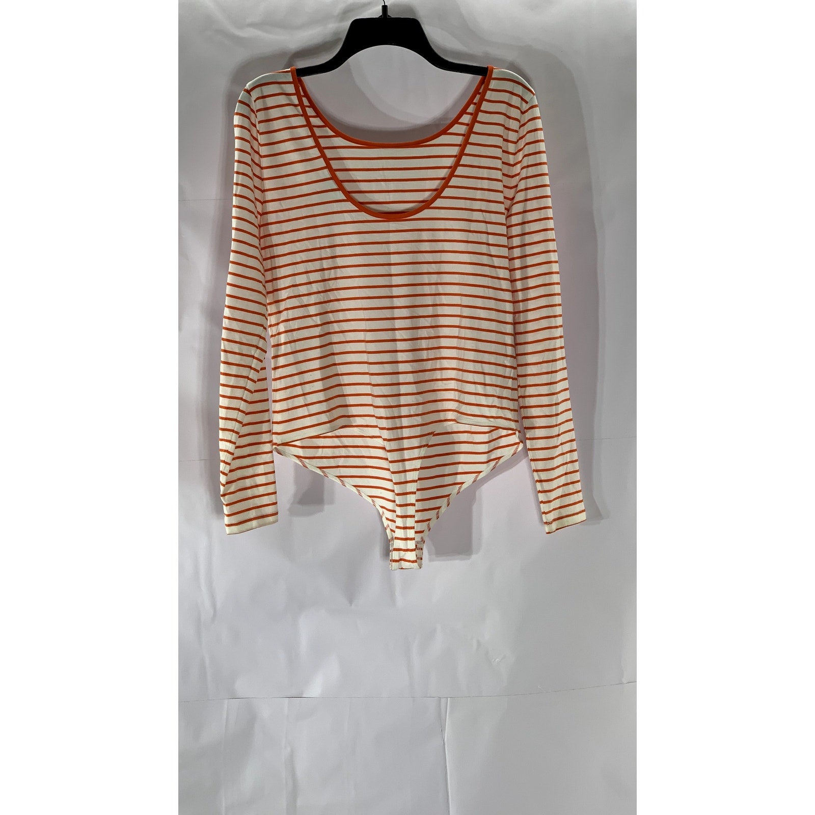 ON 34TH Women's Orange-White Striped Scoop-Neck Long Sleeve Bodysuit SZ L