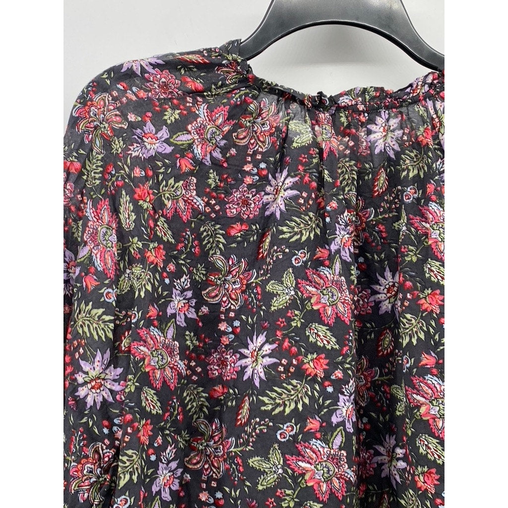 LOFT Women's Black Floral Print Ruffle-Hem Tie-Neck Long Sleeve Top SZ M