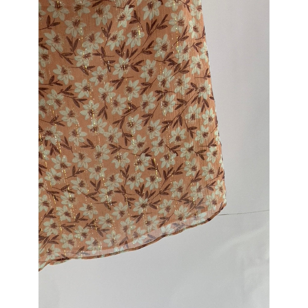 REBECCA TAYLOR Women's Peach Floral Metallic V-Neck Ruffle Short Sleeve Top SZ 2