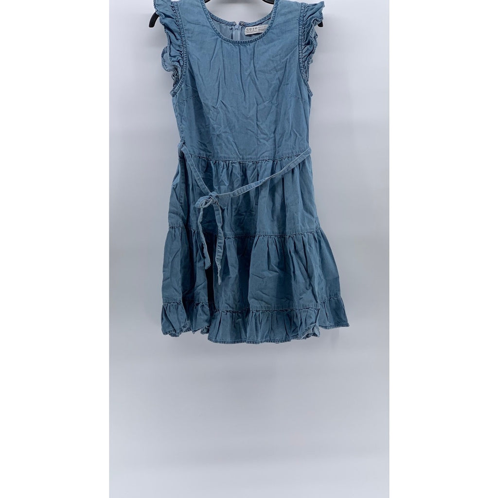 PRIMARK Women's Blue Denim Crewneck Ruffle Belted Fit & Flare Mini Dress SZ 8