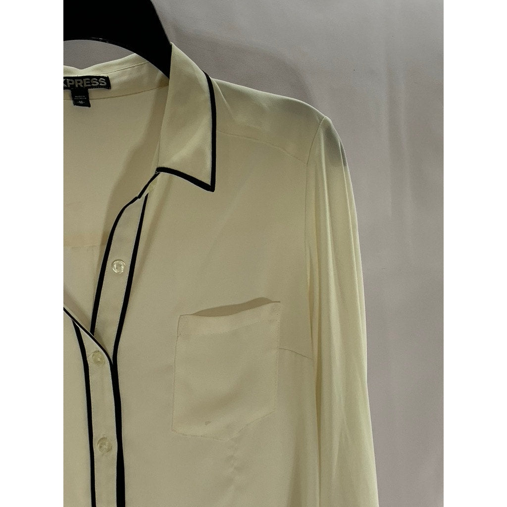EXPRESS Women's Cream/Black Trim Button-Up Long Sleeve Top SZ M