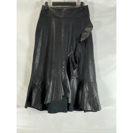 RACHEL RACHEL ROY Women's Black Faux Leather Ruffled Knee Length Skirt SZ 4