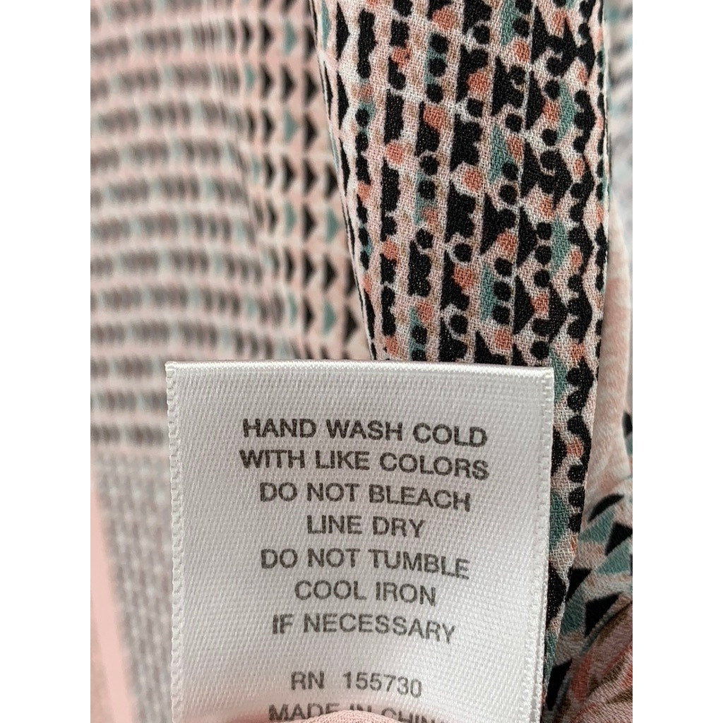 ROSE + OLIVE Women's Plus Pink-Gray Geo Print Button-Up 3/4 Sleeve Top SZ 1X