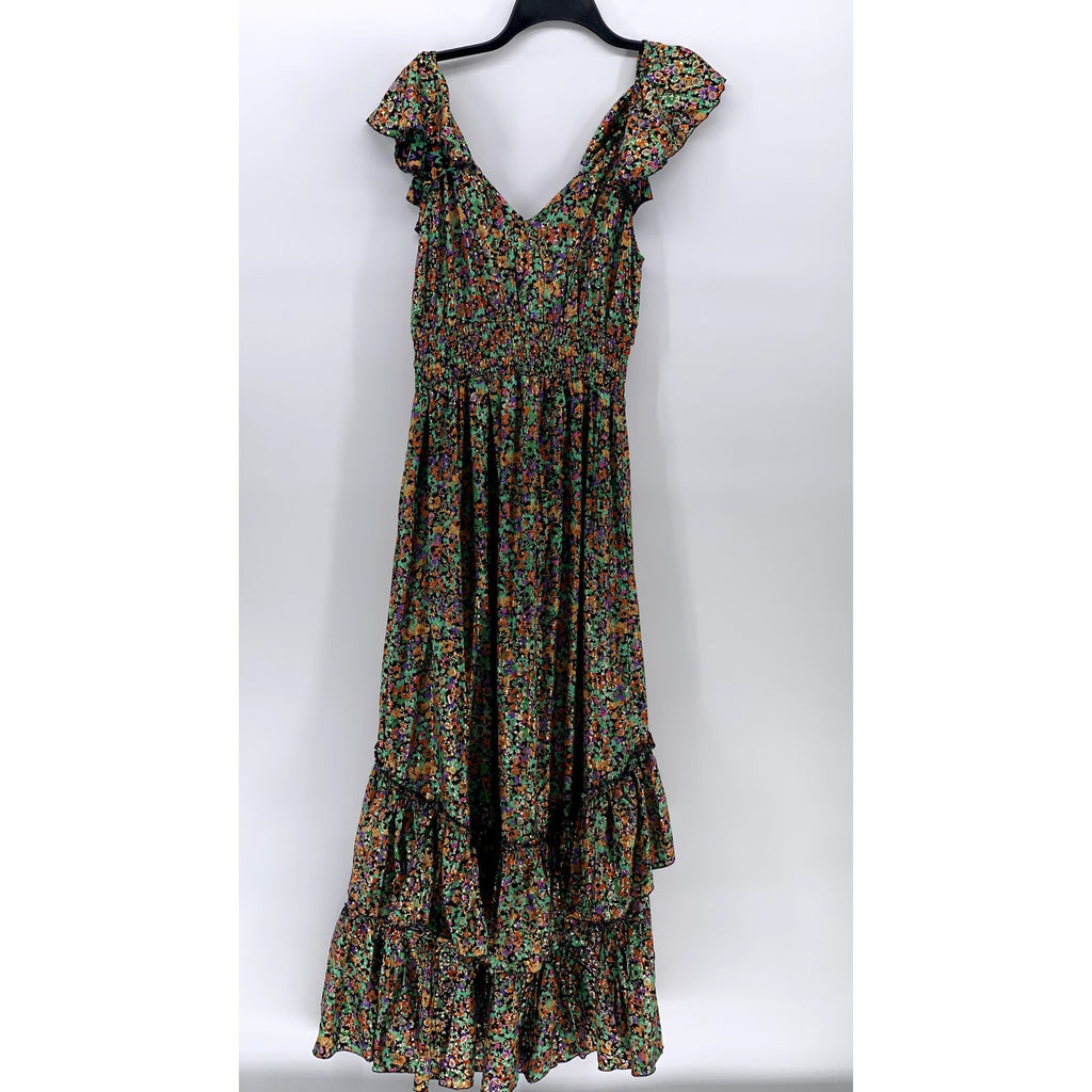 PURPLE QUEEN Women's Green Printed Ruffle Short Sleeve Maxi Dress SZ S