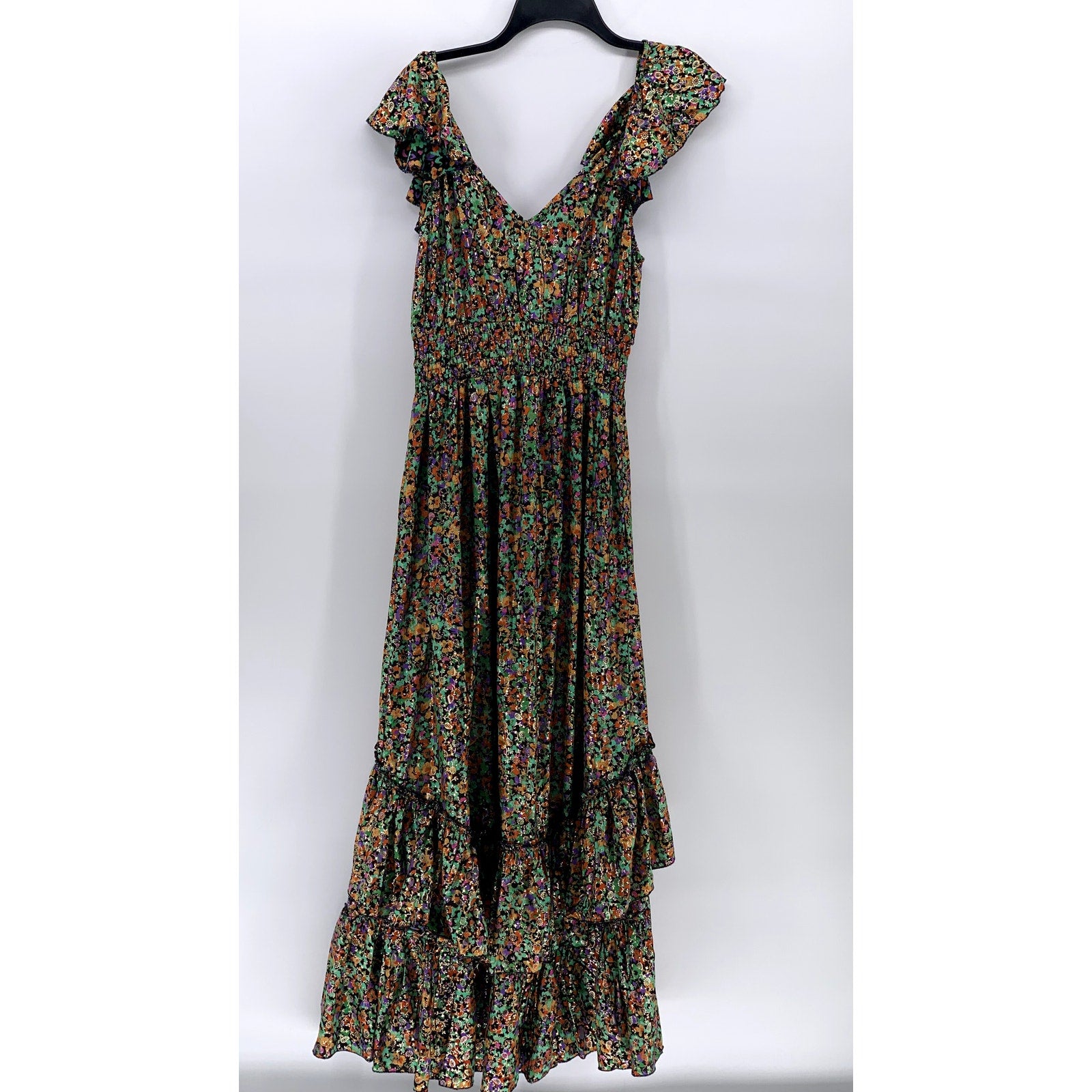 PURPLE QUEEN Women's Green Printed Ruffle Short Sleeve Maxi Dress SZ S