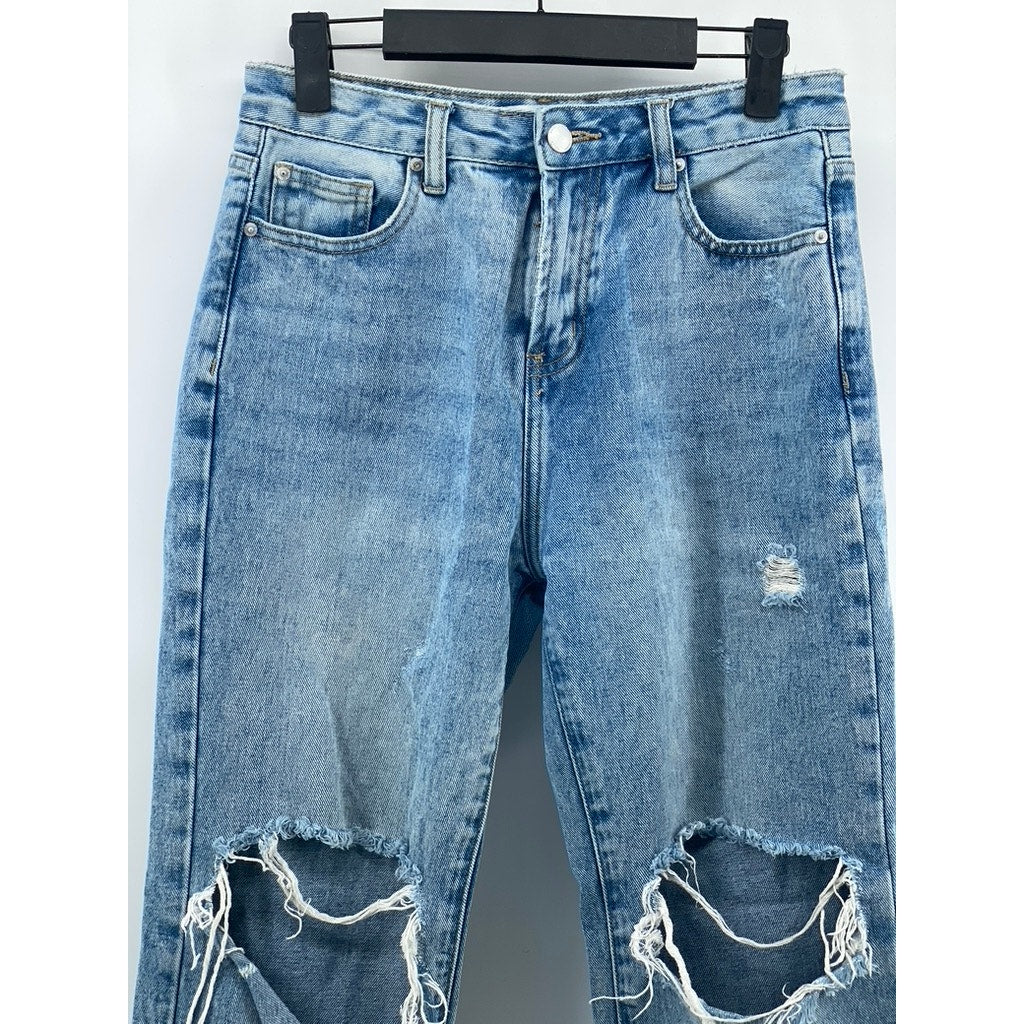 URBAN REVIVO Women's Light Wash Blue Distressed Straight-Leg Cuffed Jeans SZ 6