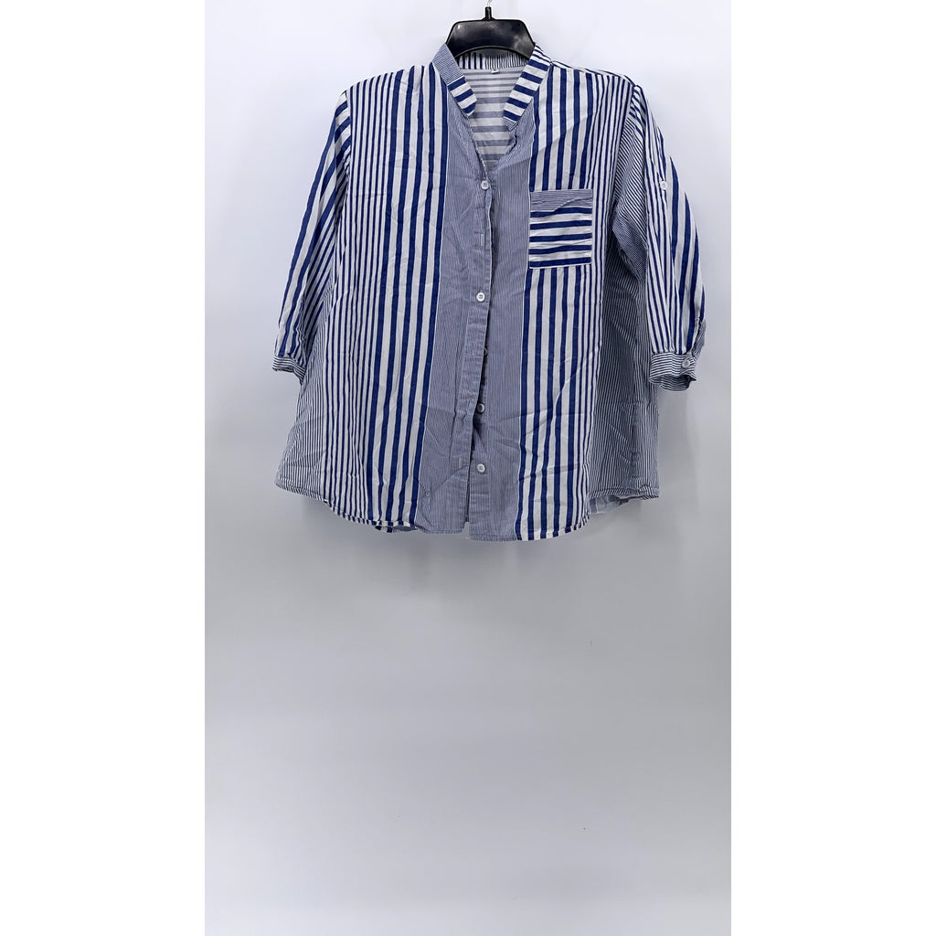 UNBRANDED Women's Blue-White Striped Button-Up Short Sleeve Top SZ L