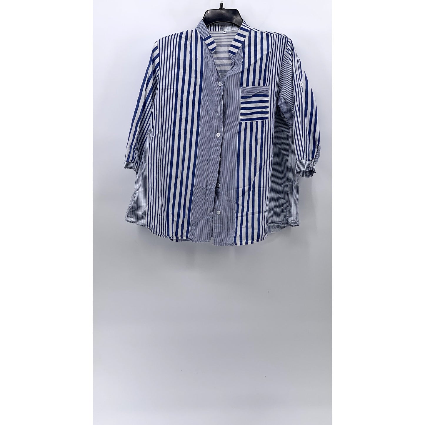 UNBRANDED Women's Blue-White Striped Button-Up Short Sleeve Top SZ L