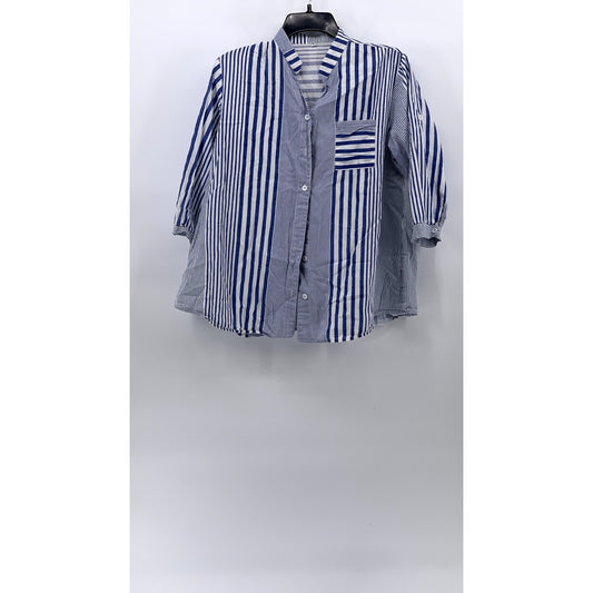 UNBRANDED Women's Blue-White Striped Button-Up Short Sleeve Top SZ L