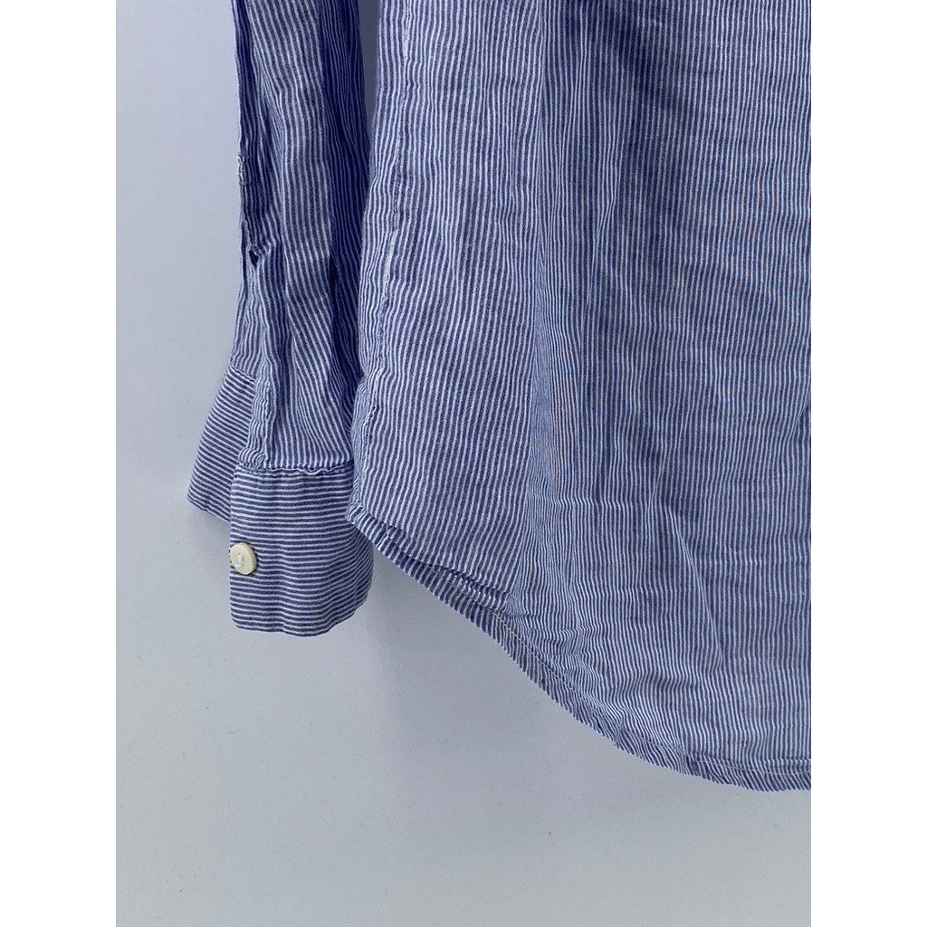 LOVE MANGO Women's Blue Striped Regular-Fit Button-Up Long Sleeve Top SZ S