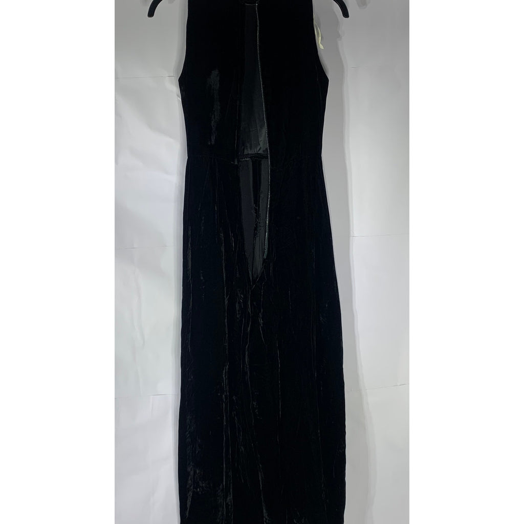 ILGWU Women's Vintage Black Velvet Embroidered Mock-Neck Sleeveless Jumpsuit SZS