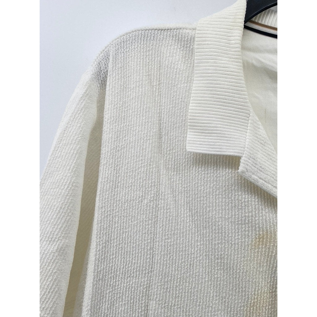 HUGO BOSS Men's Off-White Textured Regular-Fit Button-Up Short Sleeve Shirt SZ L