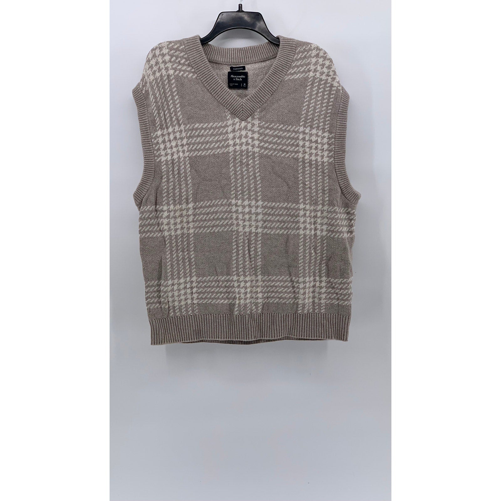 ABERCROMBIE & FITCH Women's Gray Plaid V-Neck Knit Oversized Sweater Vest SZ M