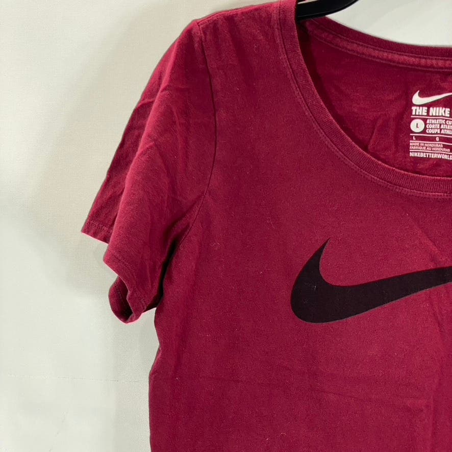 NIKE Women’s Burgundy Scoop-Neck Swoosh Logo Athletic Cut Short Sleeve Top SZ L