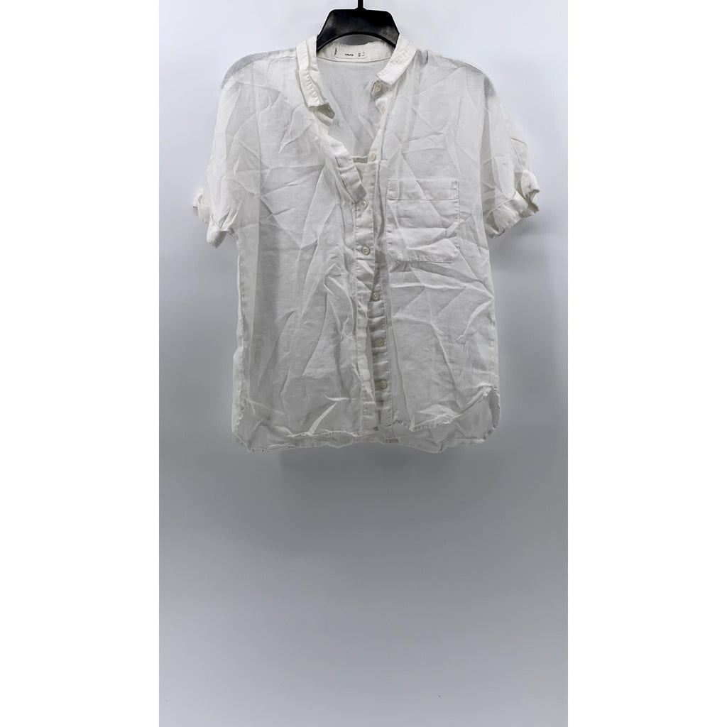 MNG Women's White Linen Button-Up Short Sleeve Top SZ 2