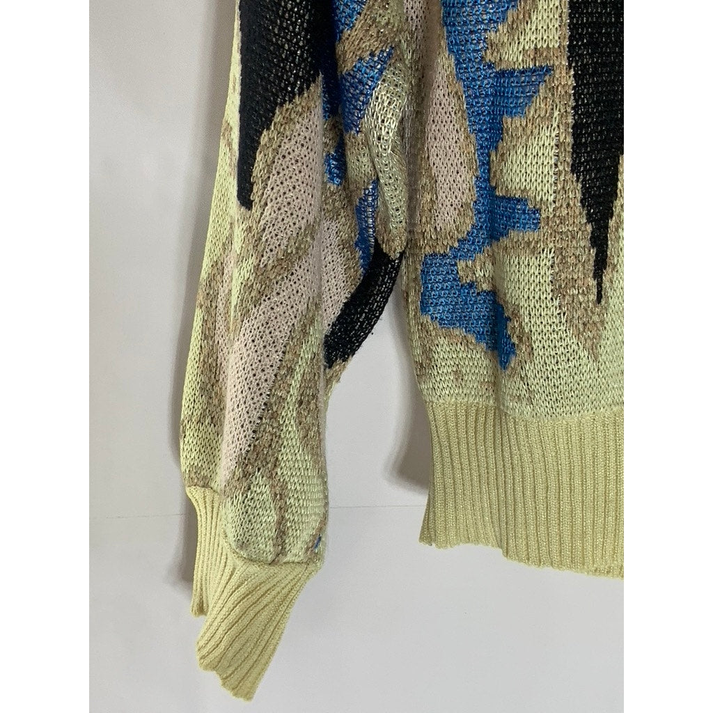 J.T Martin Women's Vintage Tan/Black/Blue Printed Crewneck Knit Sweater SZ 14