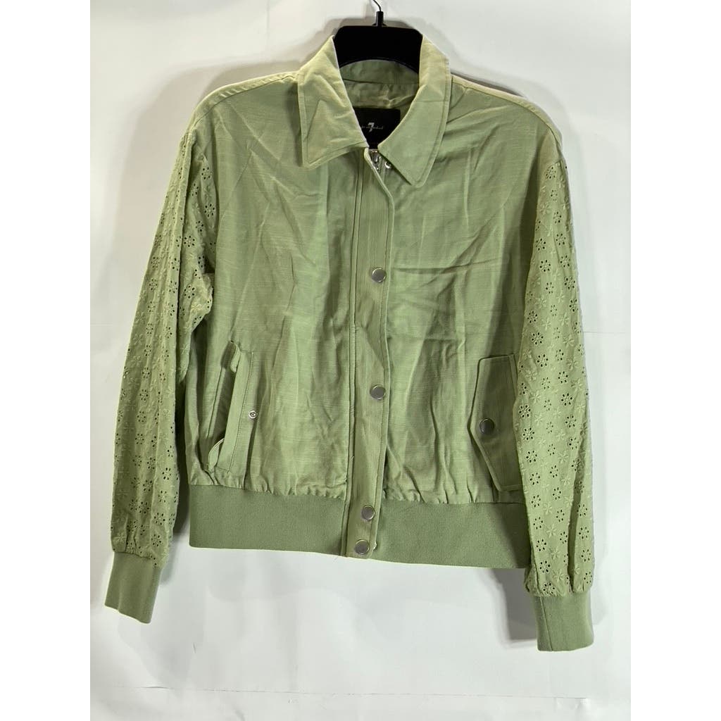 7 FOR ALL MANKIND Women's Green Zip-Up Eyelet Long Sleeve Bomber Jacket SZ XS