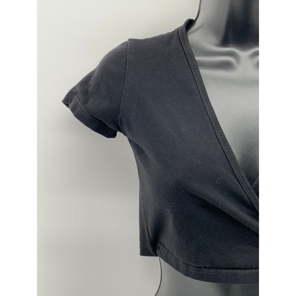 UNBRANDED Women's Black Solid V-Neck Short Sleeve Wrap Around Cropped Top SZ M