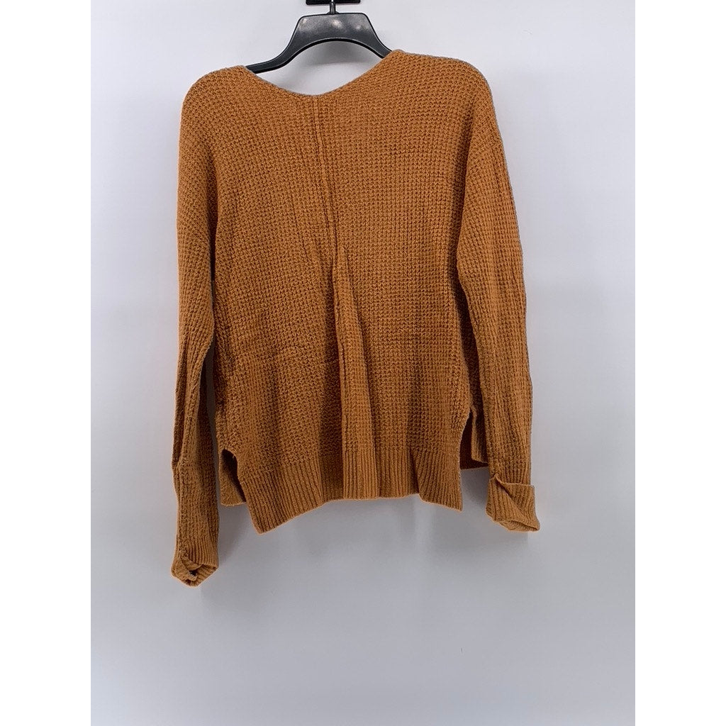 JESSICA SIMPSON Women's Orange V-Neck Waffle Knit Cuffed Long Sleeve Sweater SZS